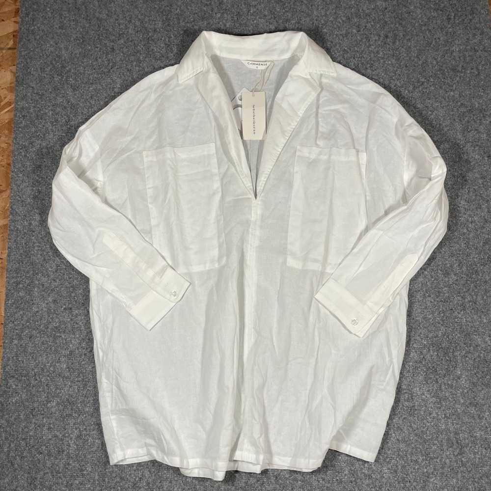NWT Commense Tunic Top Womens Small White Cotton Linen Oversized V-Neck Pocket